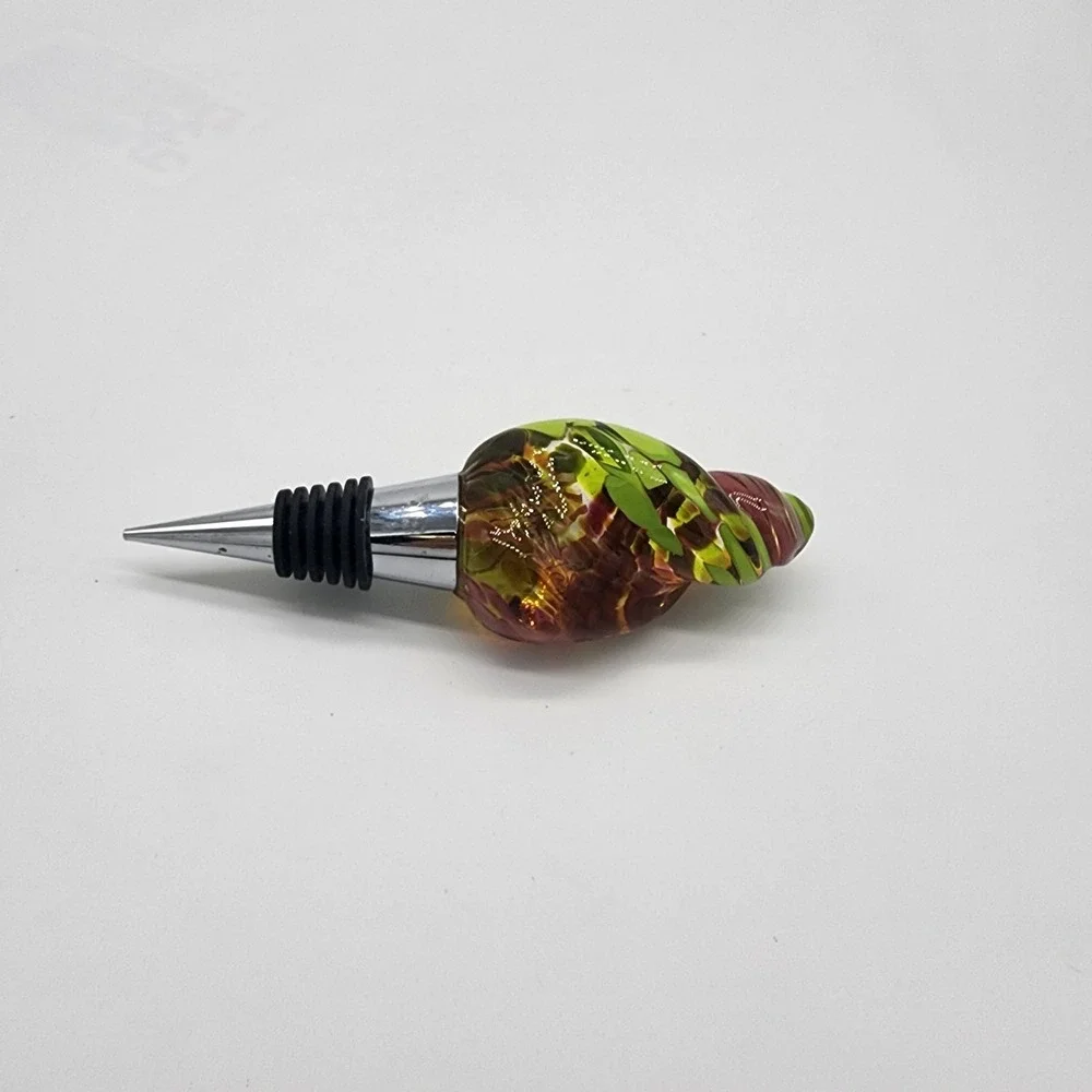 Hand-Blown Art Glass Wine Bottle Stopper with Swirl Color Top – Green Pink Amber